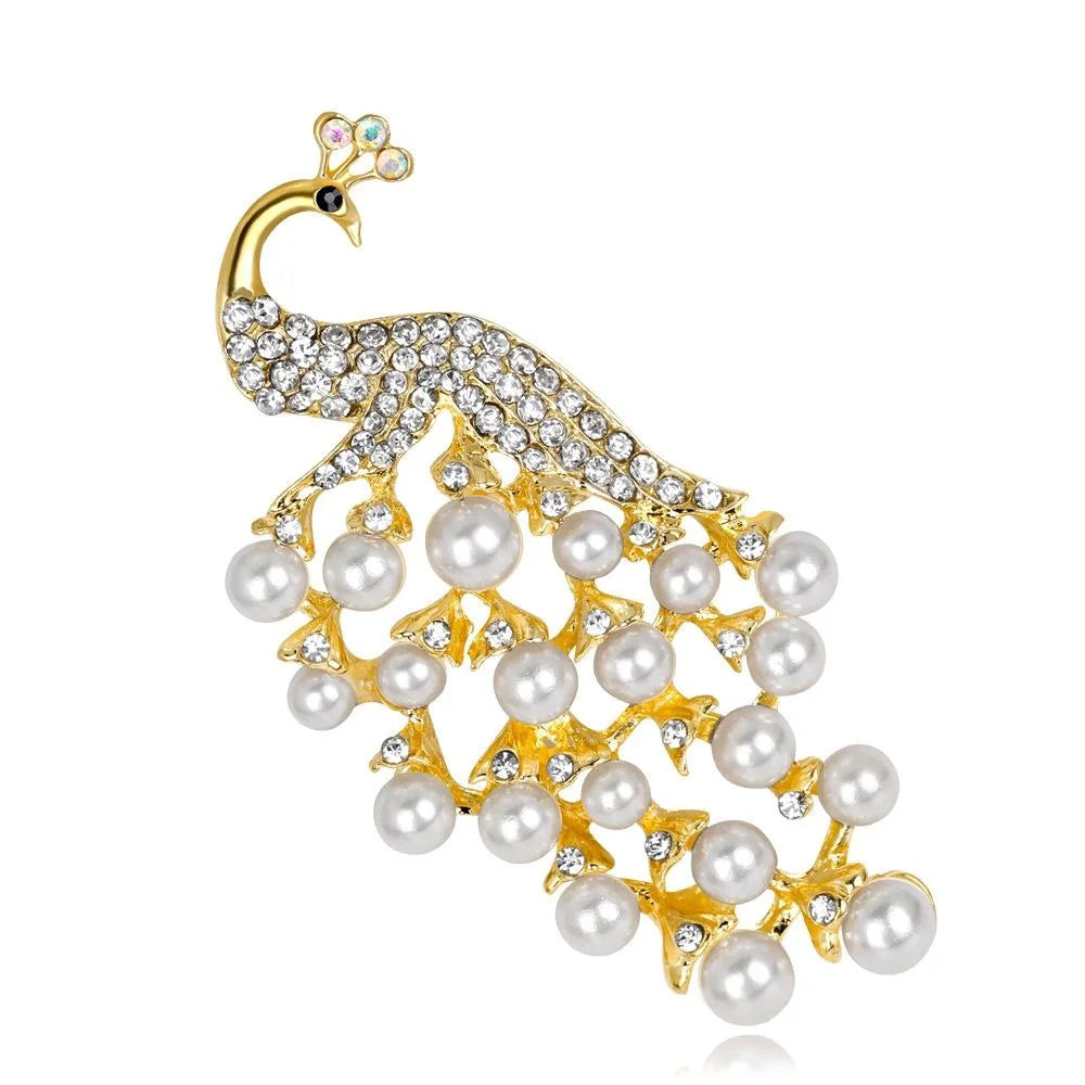 Elegant 18K Gold Plated Peacock Brooch With White Faux Pearls And Rhinestones, Luxury Lapel Pin Gift