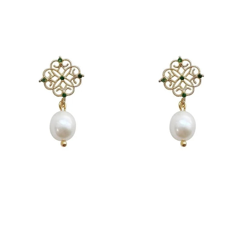 14K Gold Plated Lace Hollow Freshwater Pearl Zircon Stud Earrings French Elegant Jewelry
