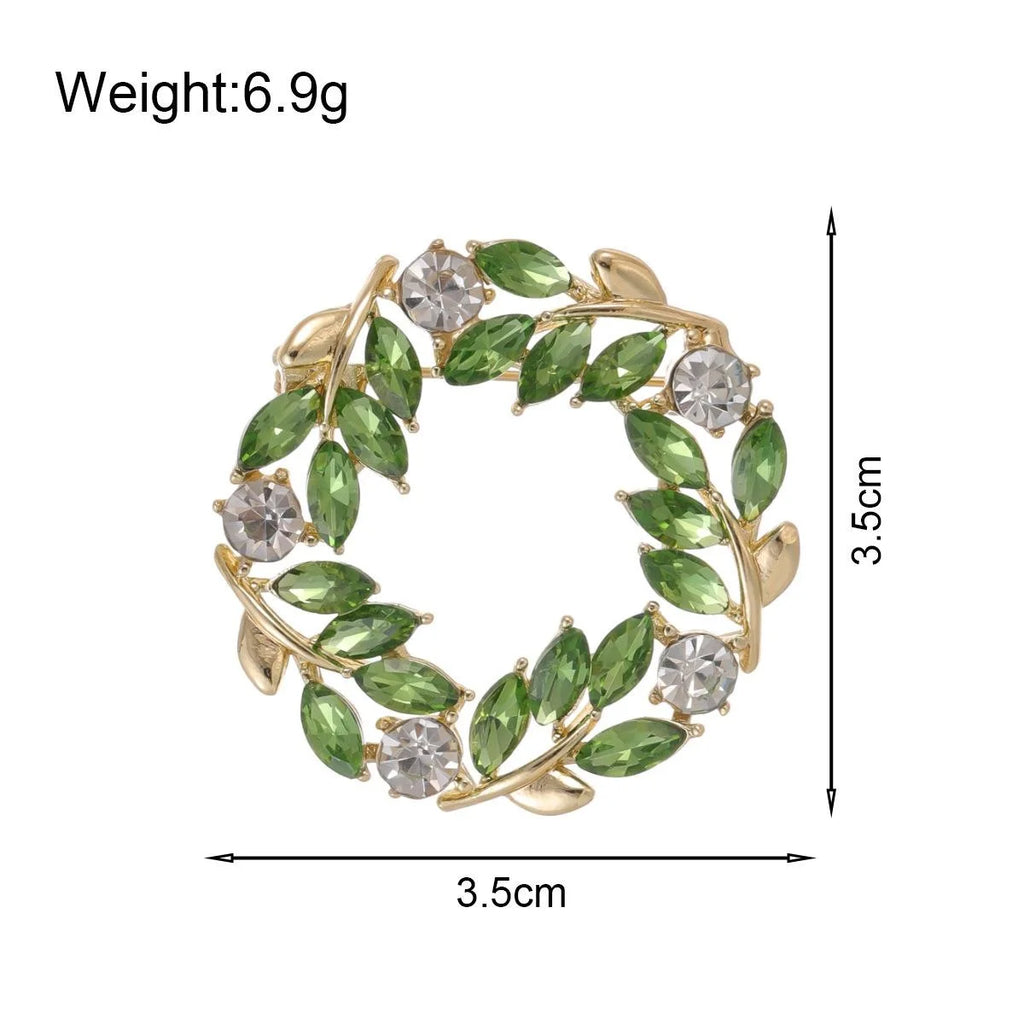 Elegant Green Rhinestone Leaf Wreath Alloy Brooch For Women, Summer Lapel Pin Corsage Suit Accessory