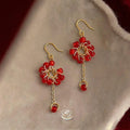 Vintage Palace Style Red Glass Bead Tassel Drop Earrings, Handmade Copper Geometric Firework Design