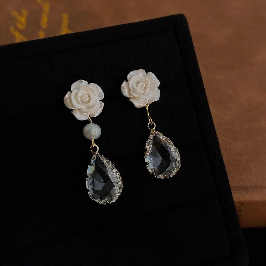 Light Luxury Transparent Resin Rose Flower Glass Crystal Water Drop Earrings for Women