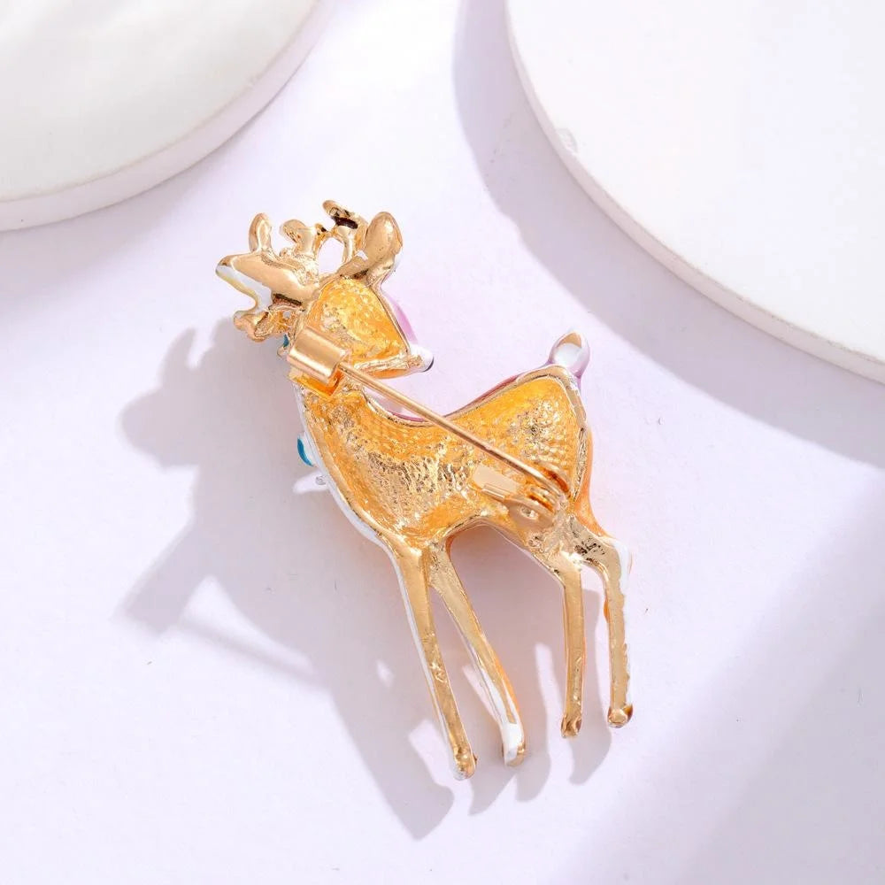 Cute Enamel Sika Deer Brooch With Rhinestone Flower, Alloy Animal Lapel Pin Corsage Gift Suit Accessory