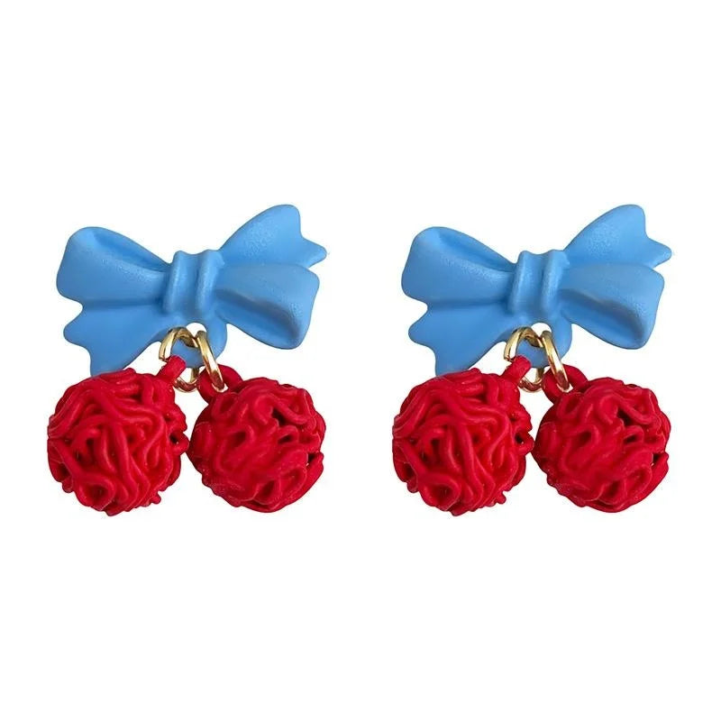 Sweet Preppy Enamel Cherry Bow Copper Drop Earrings For Women