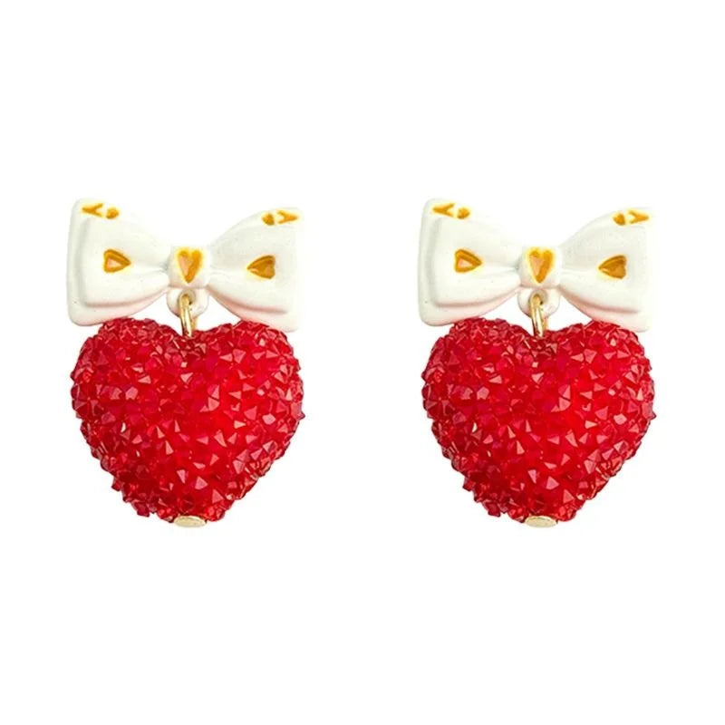 Rhinestone Enamel Bow Heart Drop Earrings Cute Sweet Jewelry