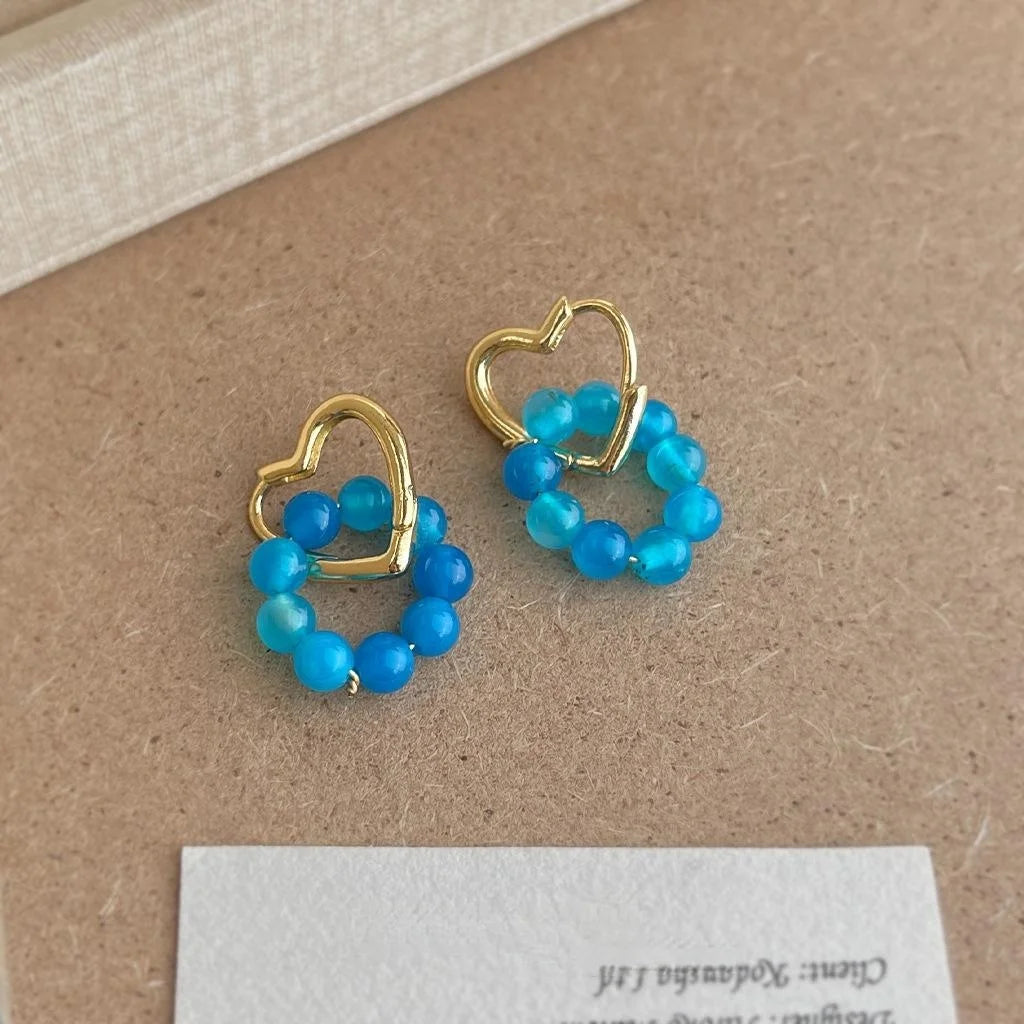Aqua Blue Natural Agate Heart Geometric Floral Drop Earrings Handmade Resort Style