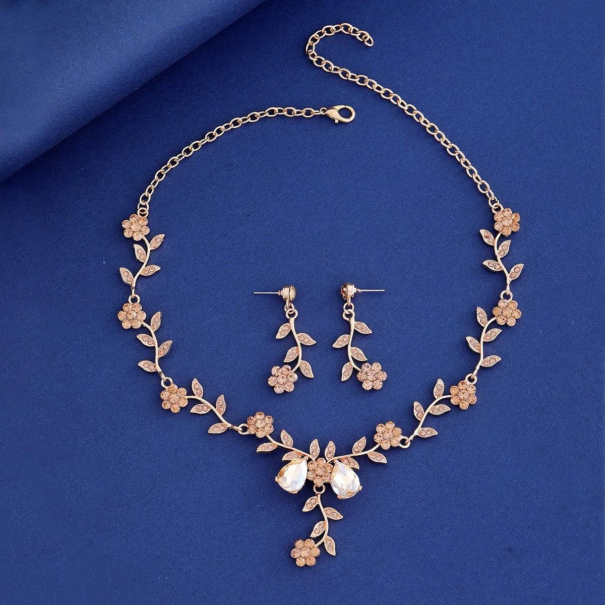 Elegant Green Rhinestone Flower Vine Necklace And Earrings Jewelry Set, Alloy Bridal Jewelry For Wedding Party Gift
