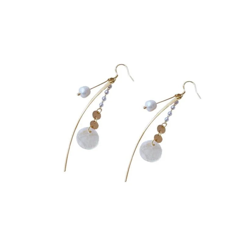 Handmade 14K Gold Plated Copper Natural Freshwater Pearl Shell Geometric Korean Drop Earrings