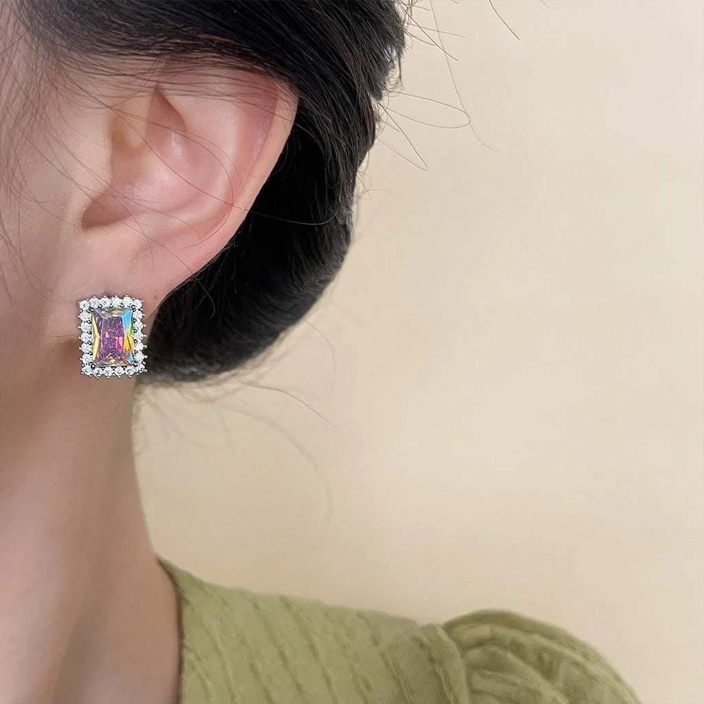 Luxury Geometric Square Zircon Stud Earrings Copper Colorful Sparkle Women's Jewelry