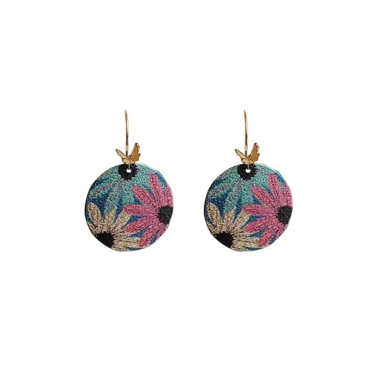 Gold Plated Copper Round Geometric Butterfly Flower Drop Earrings Ethnic Painted Statement Jewelry