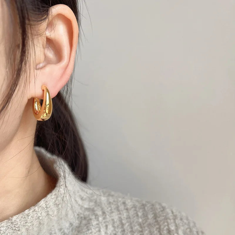 Elegant Gold Alloy Teardrop Hoop Huggie Stud & Clip On No Piercing Minimalist Commuter Gift Earrings