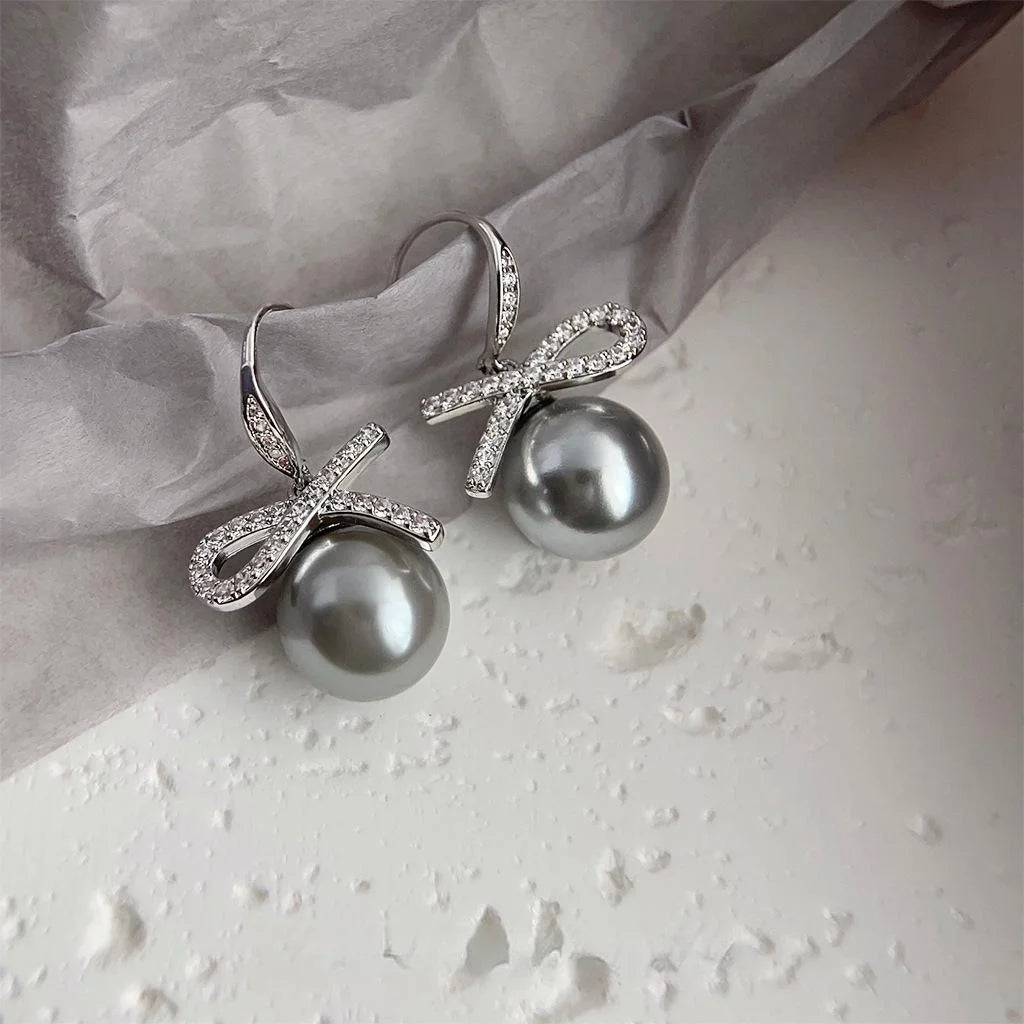 Luxury Gray Glass Pearl Bow Drop Earrings For Women Copper Micro Pave Zircon Minimalist Jewelry