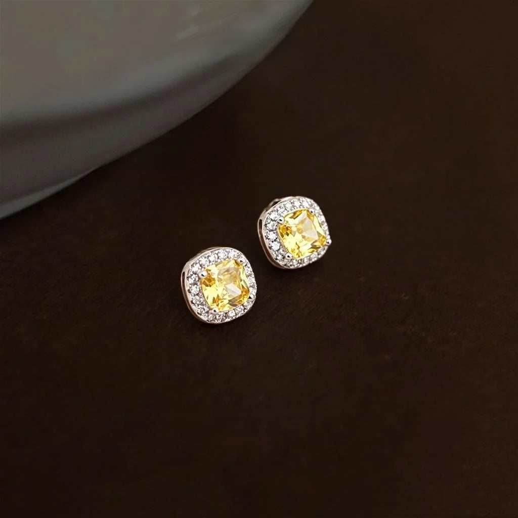 Minimalist Light Luxury Geometric Sugar Cube Yellow Zircon Crystal Copper Stud Earrings
