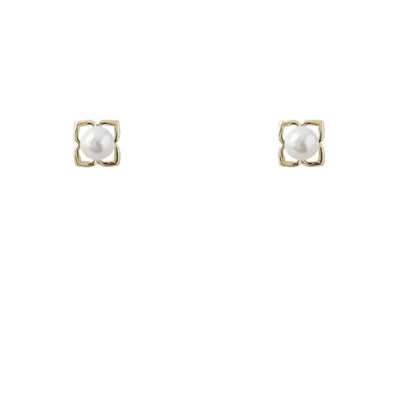 14K Plated Copper Flower Pearl Stud Earrings, Mini Minimalist Korean Style Earrings