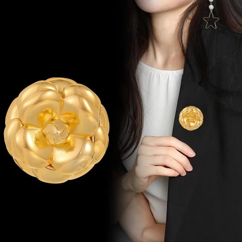 Elegant Gold Tone Alloy Camellia Flower Brooch, Smooth Petal Lapel Pin Corsage For Women's Suit Accessory