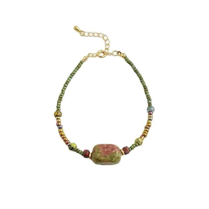 Handmade New Chinese Natural Stone Rice Bead Geometric Circle Line Bracelet