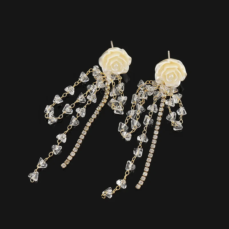 Elegant Camellia Flower Crystal Rhinestone Long Tassel Stud & Clip On No Piercing Earrings