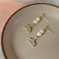 14K Gold Plated Freshwater Pearl Fishbone Stud Earrings Handmade Geometric Style Jewelry