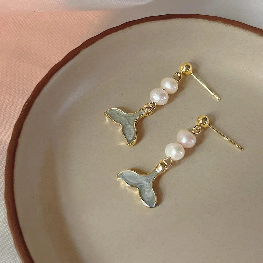 14K Gold Plated Freshwater Pearl Fishbone Stud Earrings Handmade Geometric Style Jewelry