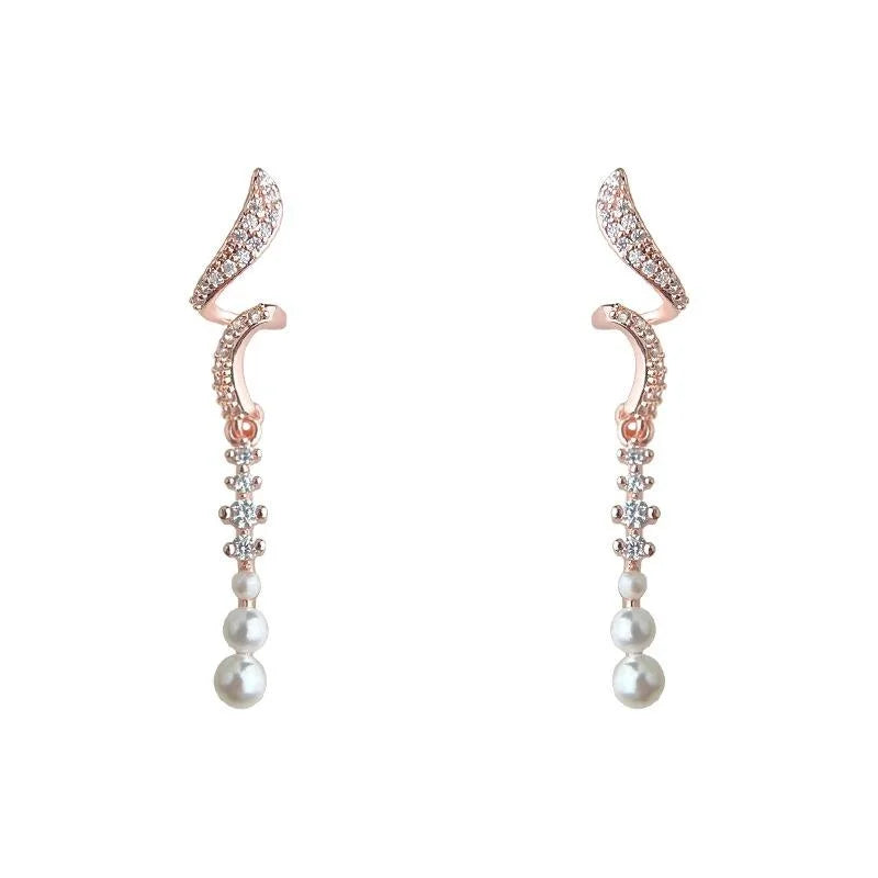 Elegant Long Waterdrop Tassel Drop Earrings With Copper, Lustrous Pearl And Pave Zircon