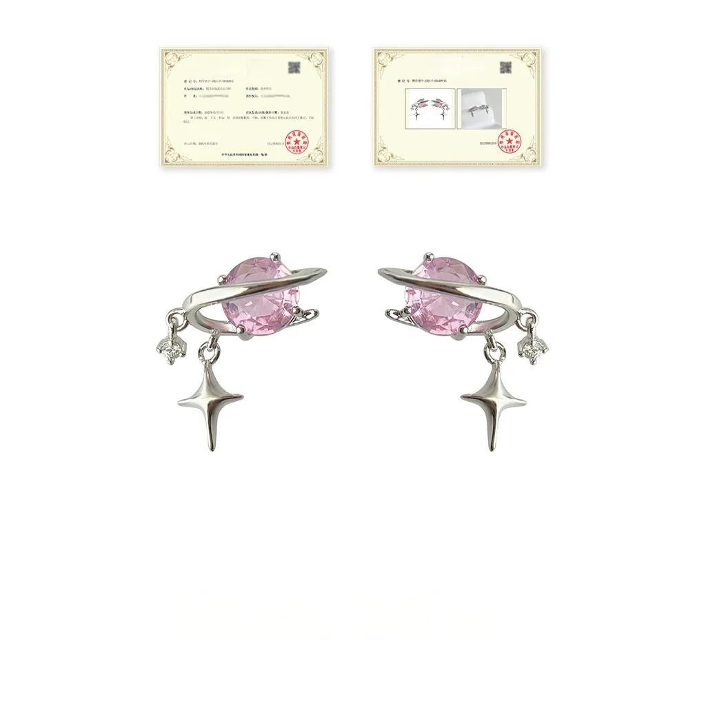 Original Design Planet Star Pink Zircon Copper Stud Earrings