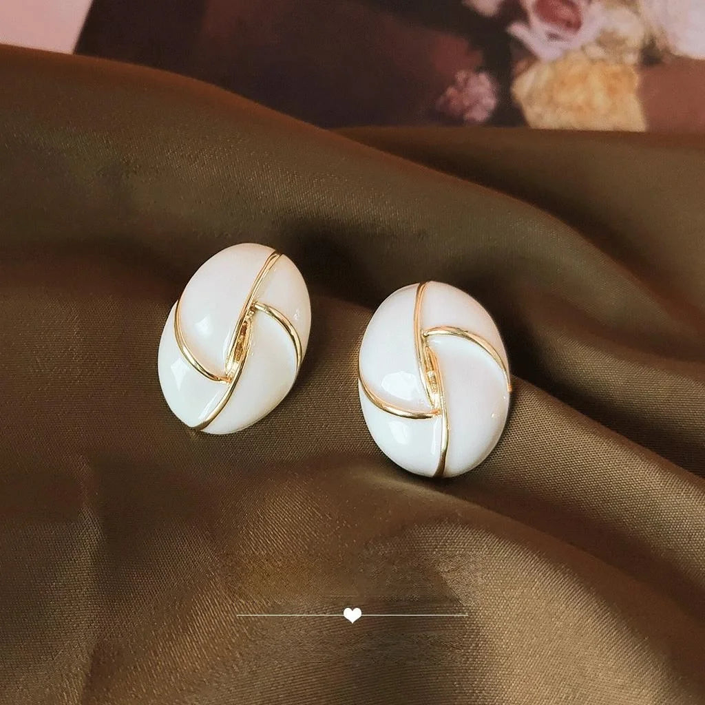 Hong Kong Style Cream Enamel Oval Geometric Copper Stud Earrings With 14K Plated Pins