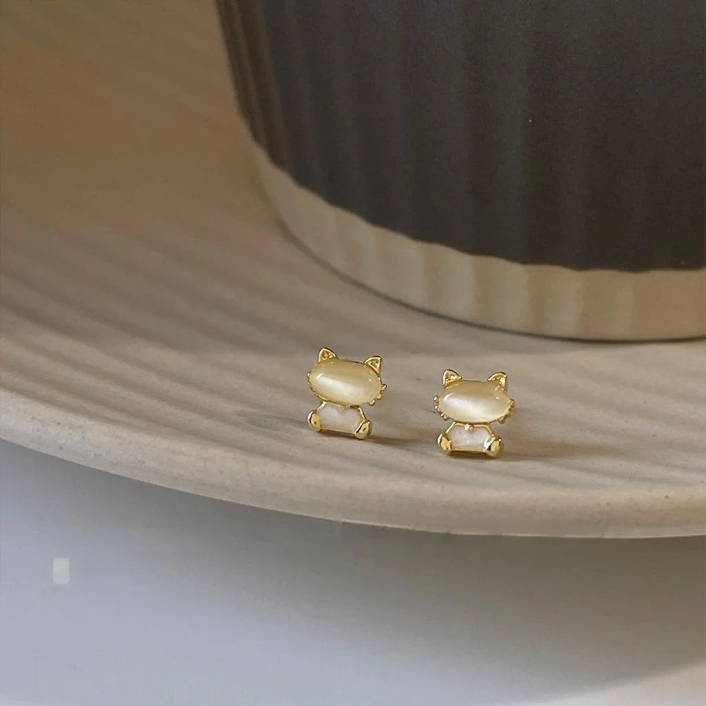 Mini Cute Cat Stud Earrings 14K Plated Copper Simple Style Jewelry For Women