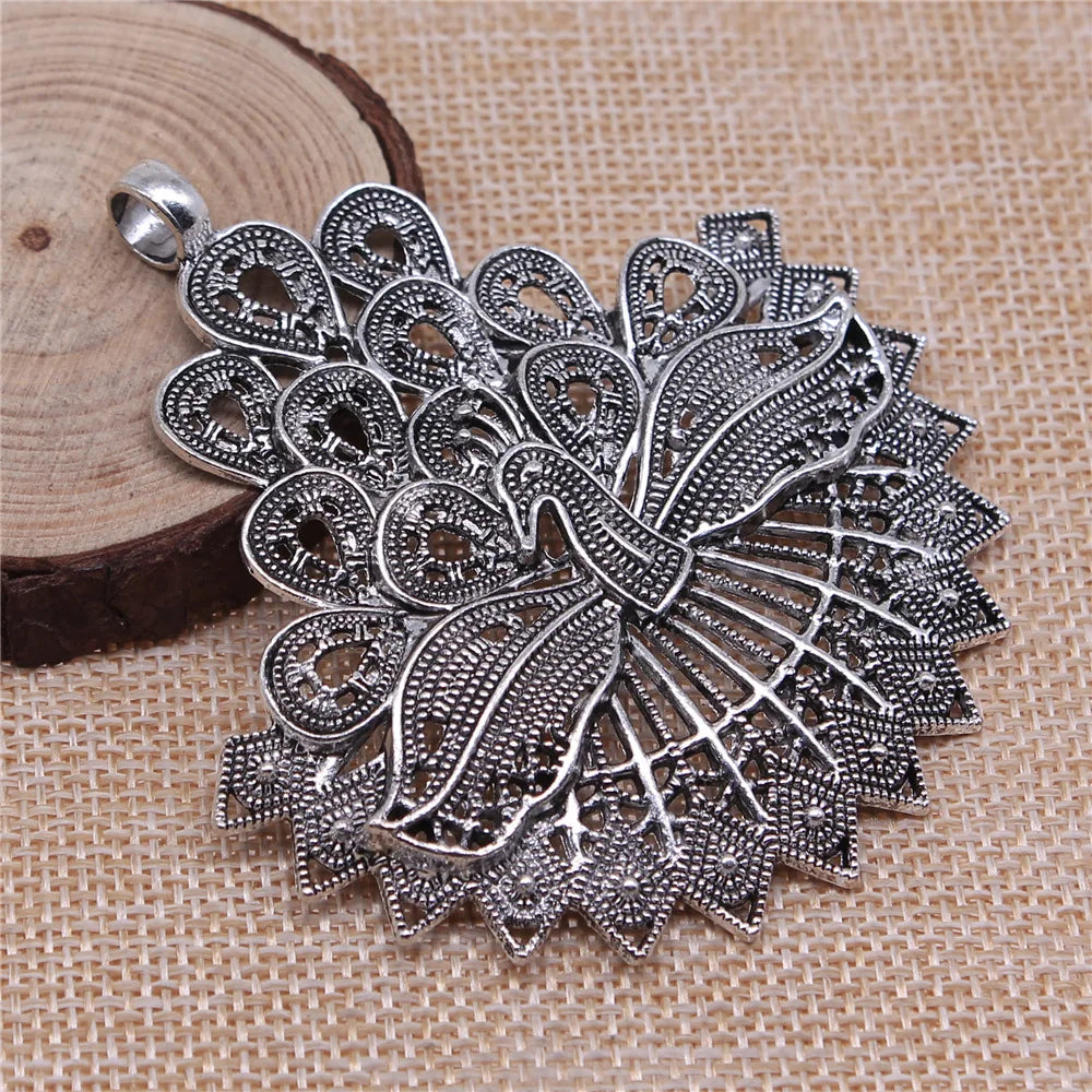 78x70mm 22g Antique Silver Zinc Alloy Large Peacock Charm Pendant for DIY Necklace Jewelry Making