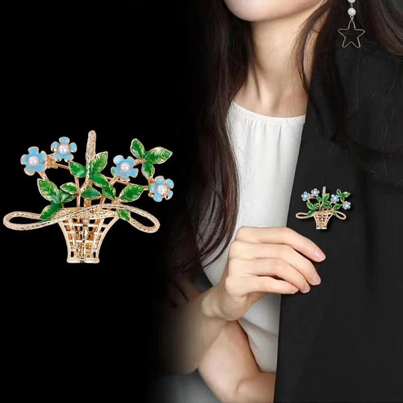 Elegant Enamel Flower Basket Brooch With Faux Pearl Accents, Gold Alloy Lapel Pin Corsage Gift