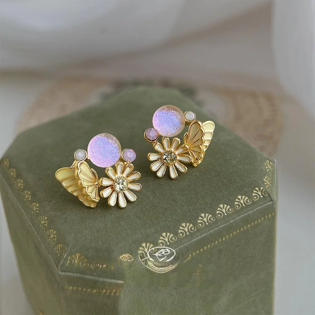 Sweet Forest Style Butterfly Flower Stud Earrings, Eco-Friendly Copper Hand Painted Enamel Jewelry