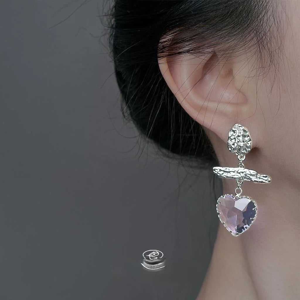 Light Luxury Purple Glass Crystal Heart Tassel Drop Earrings For Women Copper Geometric Jewelry