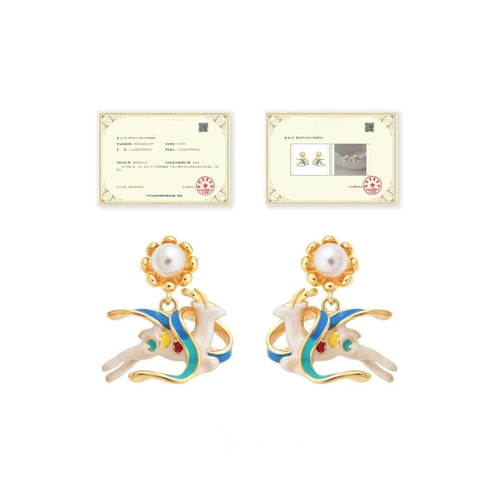 Dunhuang Style Hand Painted Enamel Copper Deer Drop Earrings With Pearl