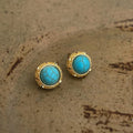 Vintage French Minimalist Synthetic Turquoise Round Geometric Copper Stud Earrings