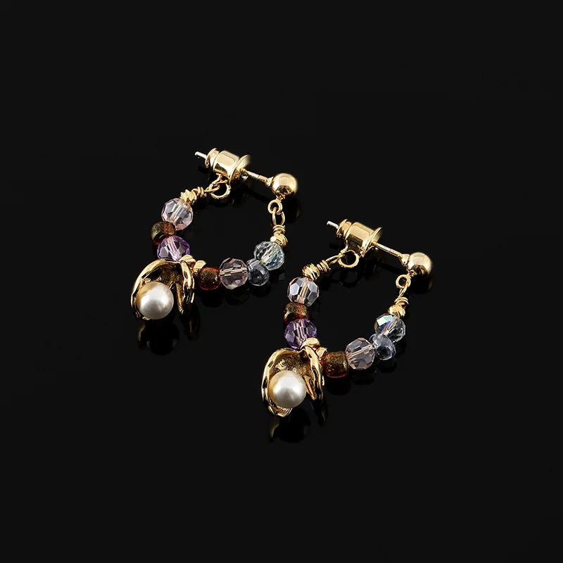 Elegant Colorful Crystal Beaded Hoop With Shell Pearl Pendant Stud & Clip On No Piercing Earrings