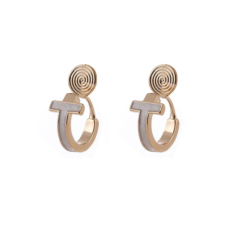 Elegant Enamel Letter T Hoop Spiral Disc Alloy Stud & Clip On No Piercing Commuter Circle Earrings