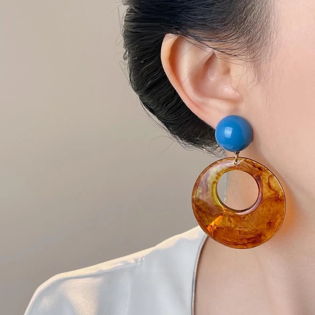 Vintage Maillard Style Amber Brown Resin Round Geometric Drop Earrings With Copper