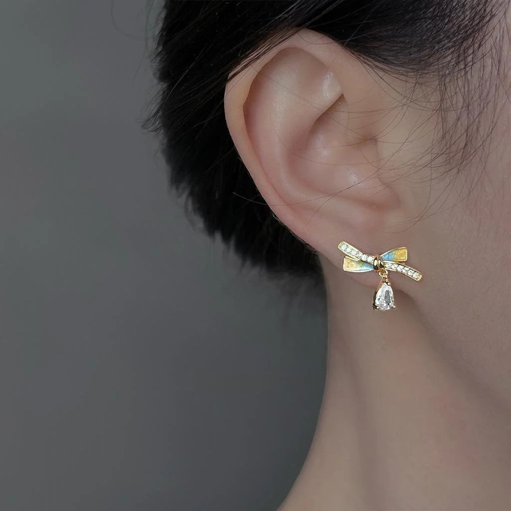 Cream Sweet Style Bow Stud Earrings 14K Plated Copper Zircon Micro Pave Enamel For Women