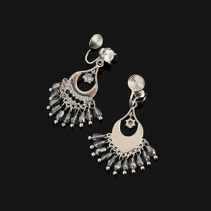 Vintage Ethnic Crescent Grey Crystal Tassel Chandelier Stud & Clip On No Piercing Earrings