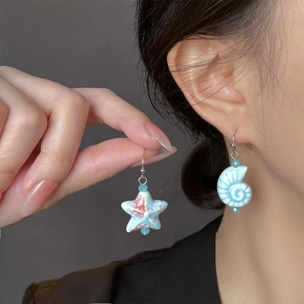 Handmade Ceramic Glass Crystal Conch Starfish Asymmetric Resort Style Drop Earrings