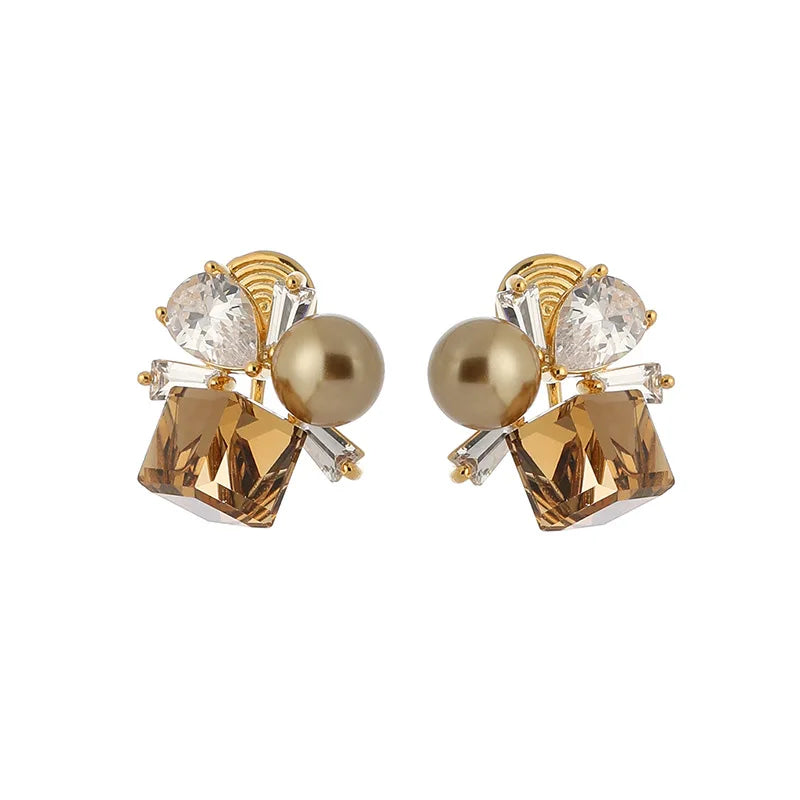 Elegant Brown Sugar Cube Crystal Pearl Rhinestone Geometric Stud & Clip On No Piercing Earrings