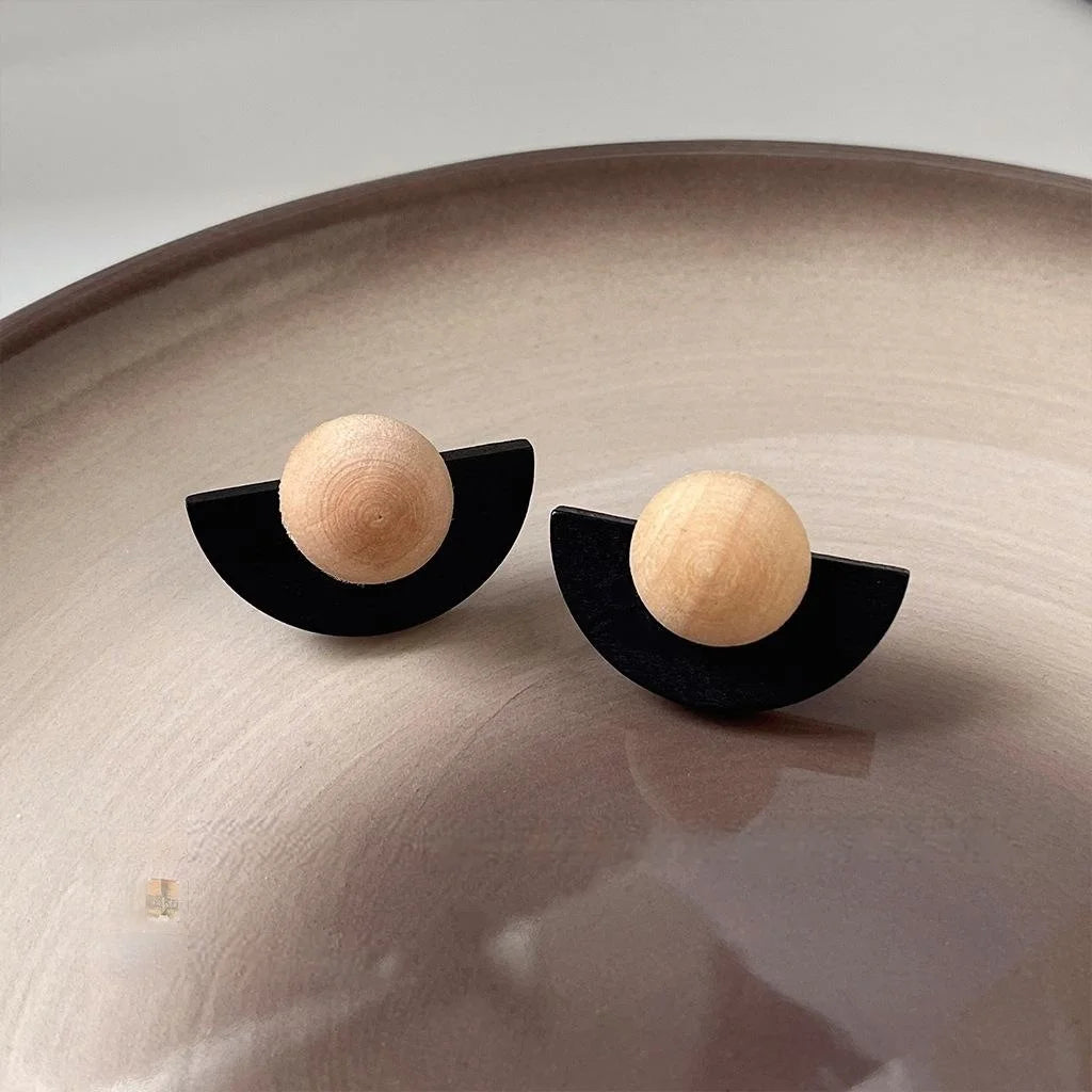 Premium Artistic Geometric Half Circle Wooden Stud Earrings With Silver Plated Pins