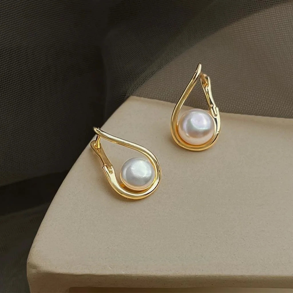 14K Gold Plated Copper Freshwater Pearl Teardrop Drop Earrings Elegant Minimalist Geometric Jewelry
