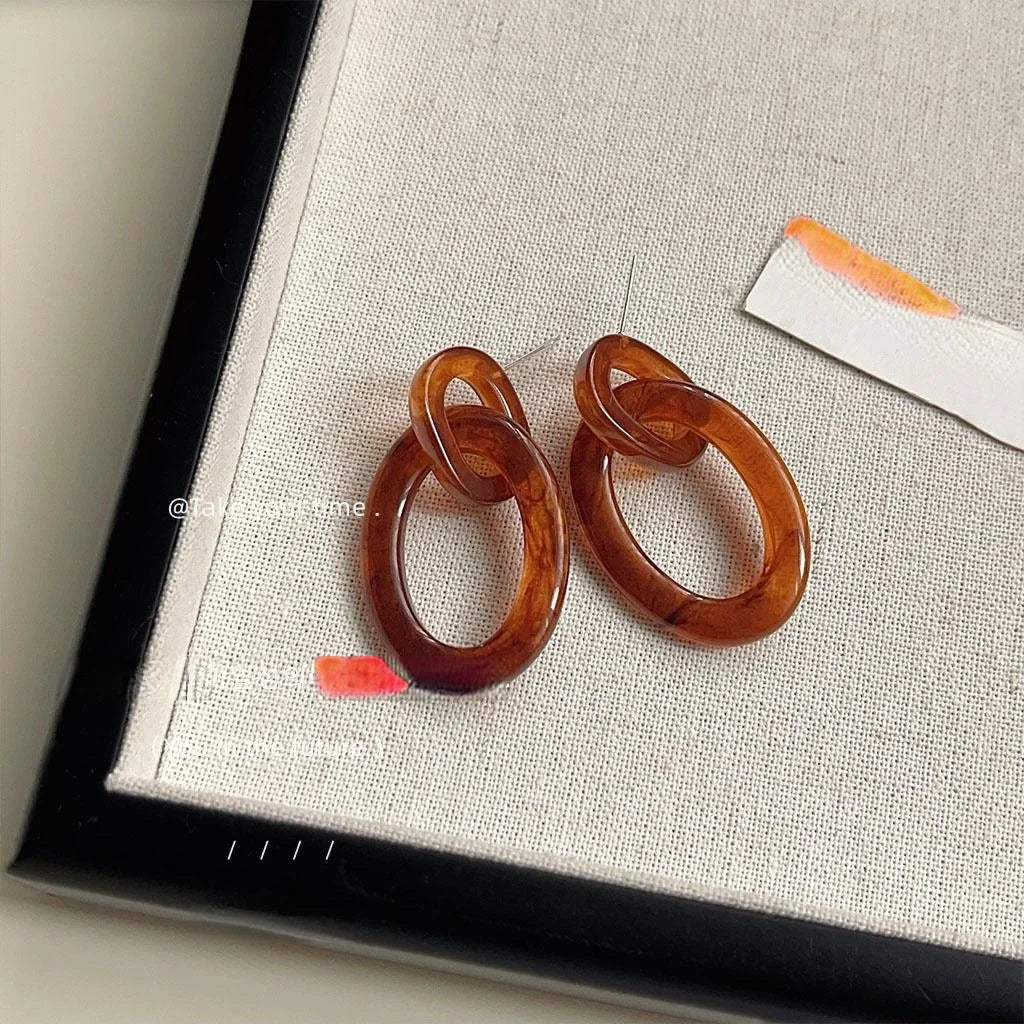 Retro Hong Kong Style Amber Acrylic Geometric Hollow Double Hoop Drop Earrings For Women