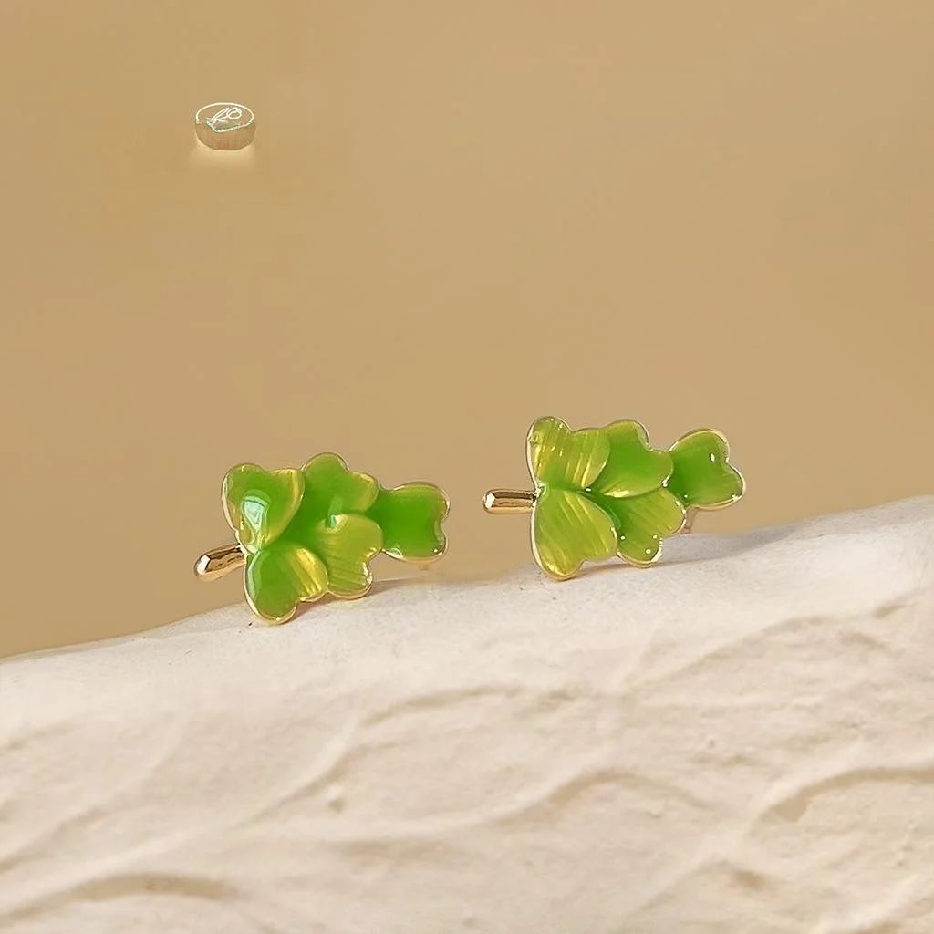 Fresh Forest Style Copper Enamel Heart Leaf Flower Stud Earrings for Women