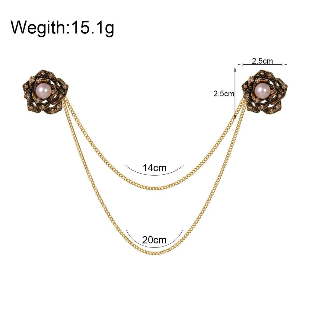 Elegant Korean Camellia Pearl Brooch With Gold Chain And Rhinestone Zircon, Women's Lapel Pin Suit Accessory