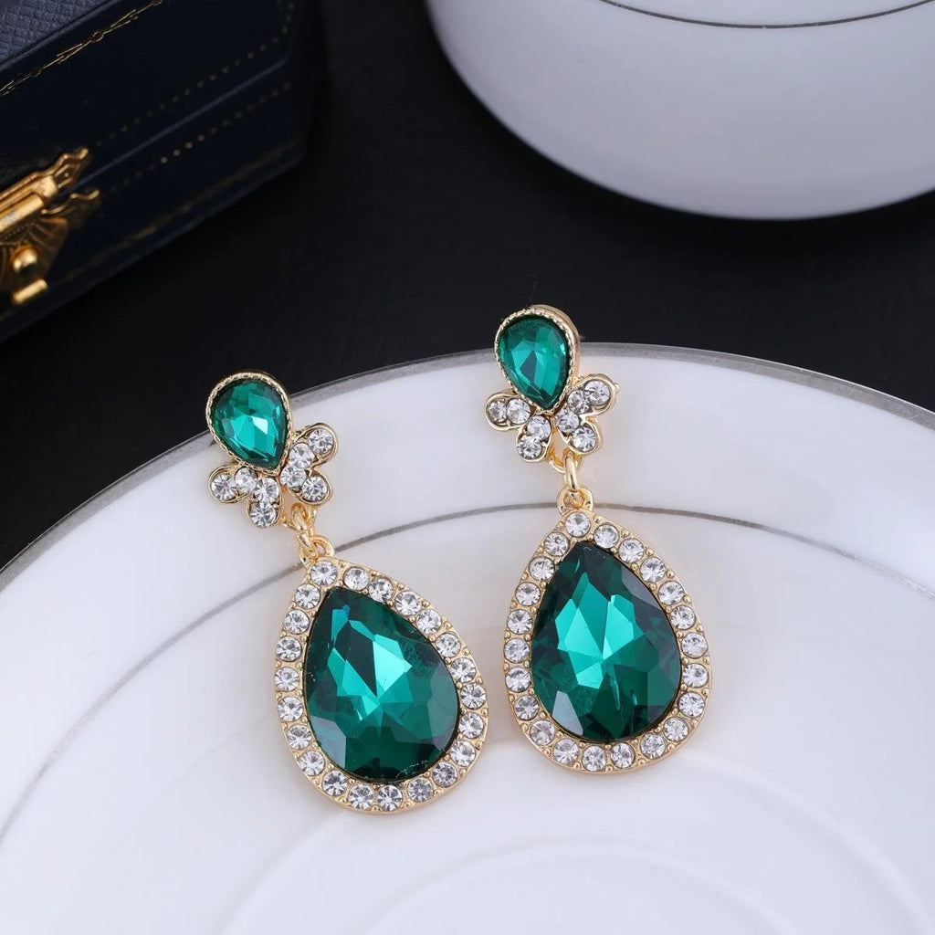 Luxury Emerald Green Crystal Rhinestone Teardrop Earrings For Women Wedding Banquet Party Gift