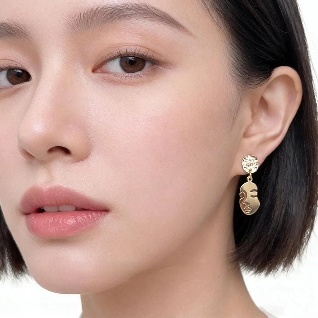 Vintage Copper Abstract Face Stud Earrings Asymmetric 14K Plated Light Luxury Jewelry