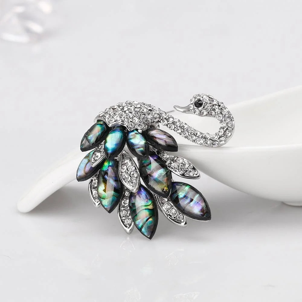 Elegant Swan Brooch With Abalone Mother Of Pearl Rhinestones, Luxury Lapel Pin Corsage Suit Accessory