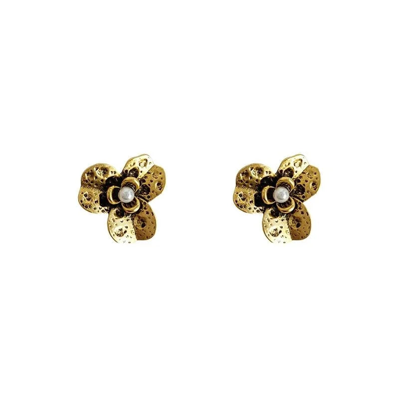 Vintage Oxidized Antique Gold Alloy Three Petal Flower Stud Earrings