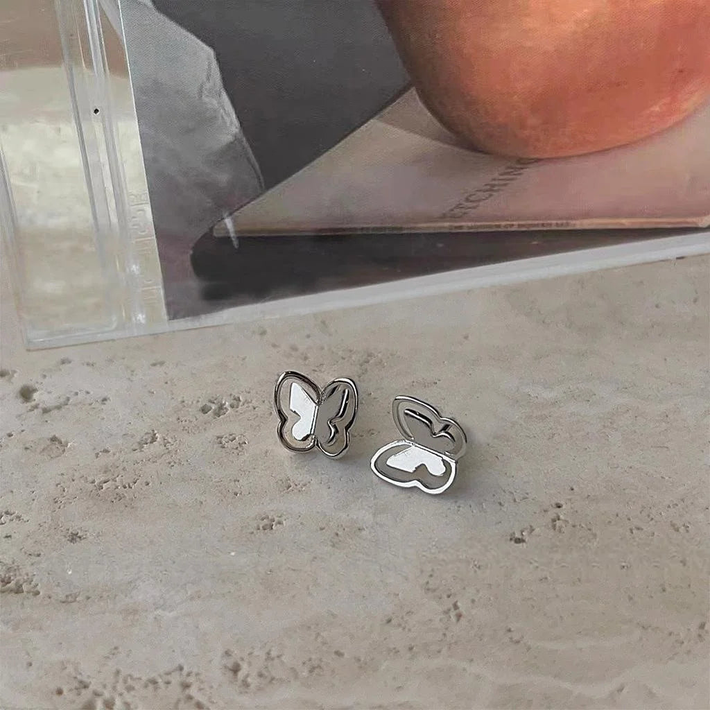 Sweet Cool Silver Plated Copper Hollow Butterfly Stud Earrings Mini 3D Minimalist Jewelry For Women