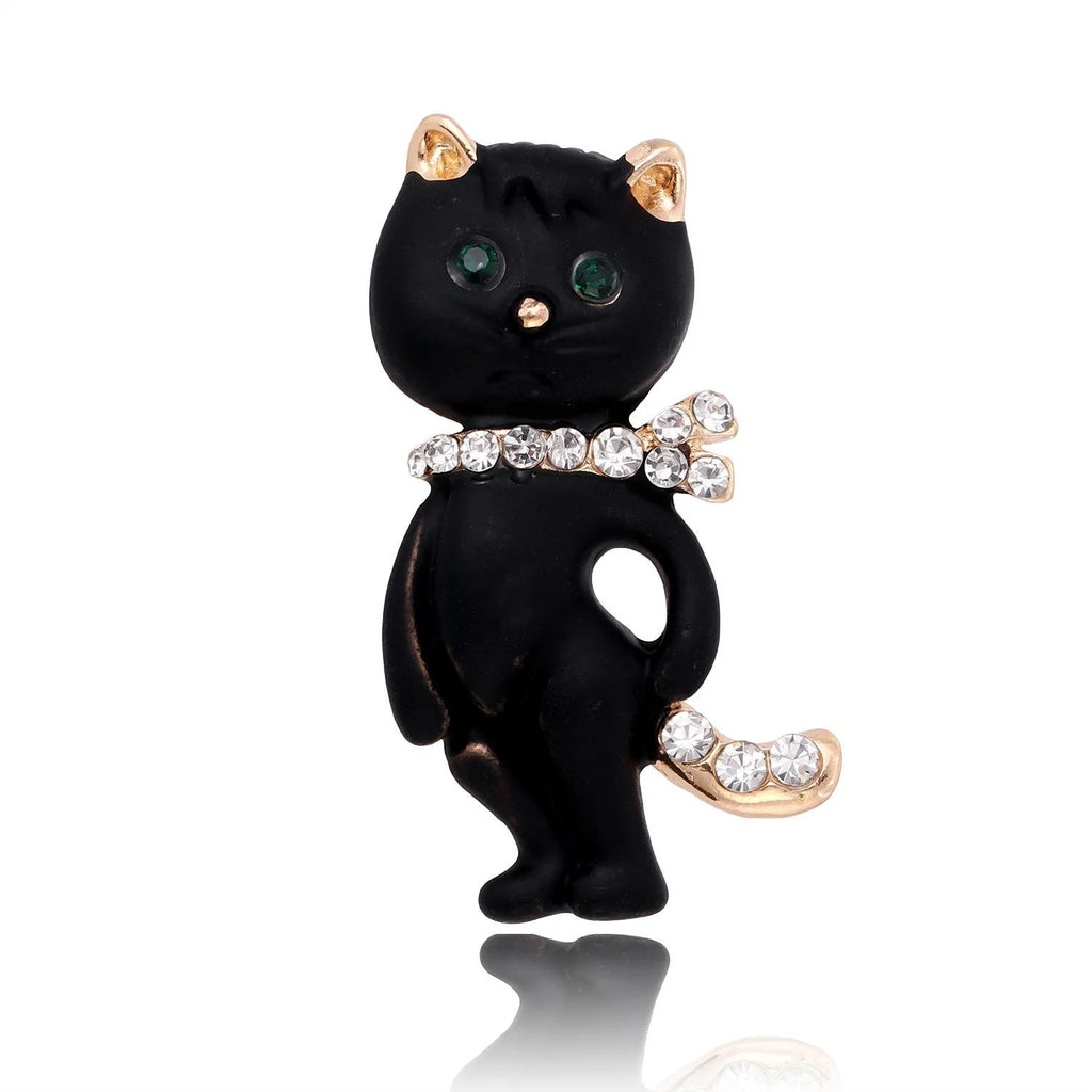 Elegant Black Cat Enamel Brooch With Rhinestone Collar, Cute Animal Lapel Pin Corsage Suit Accessory Gift